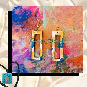 M-248: Blue White Gold Open Rectangle Earrings